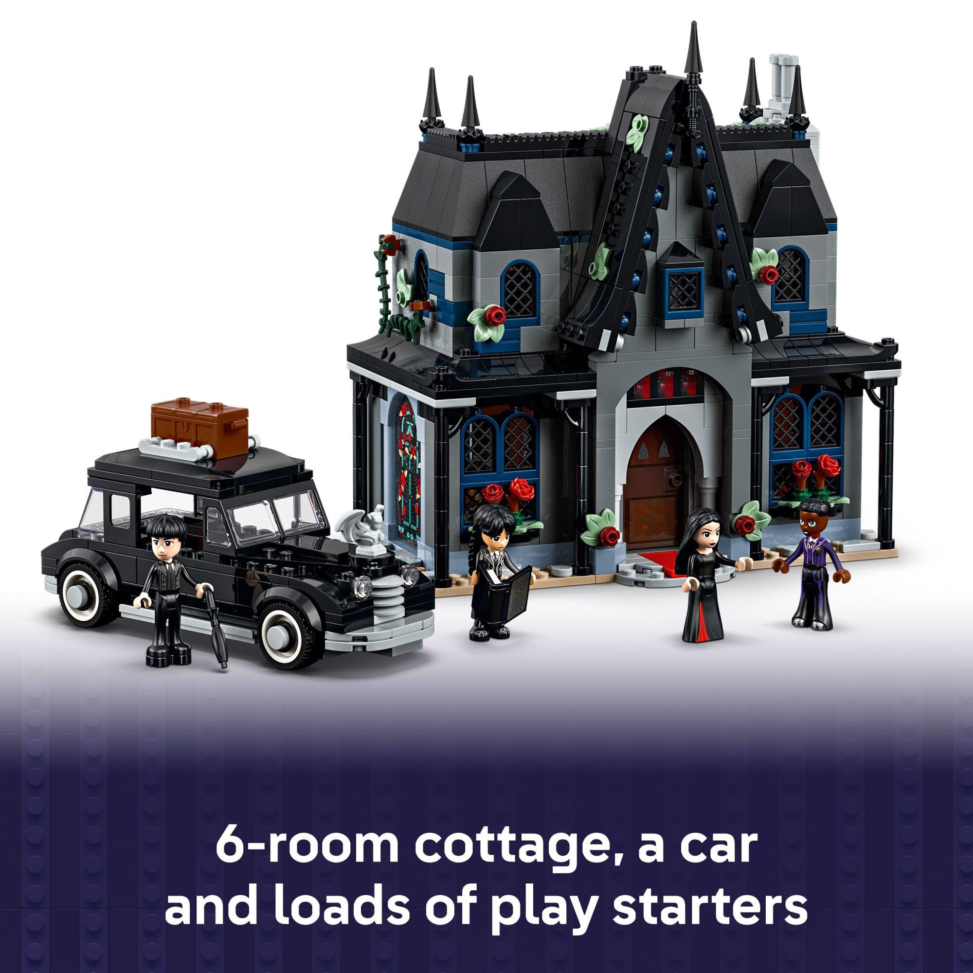 LEGO Wednesday Morticia's Cottage living room with fireplace wall for storytelling