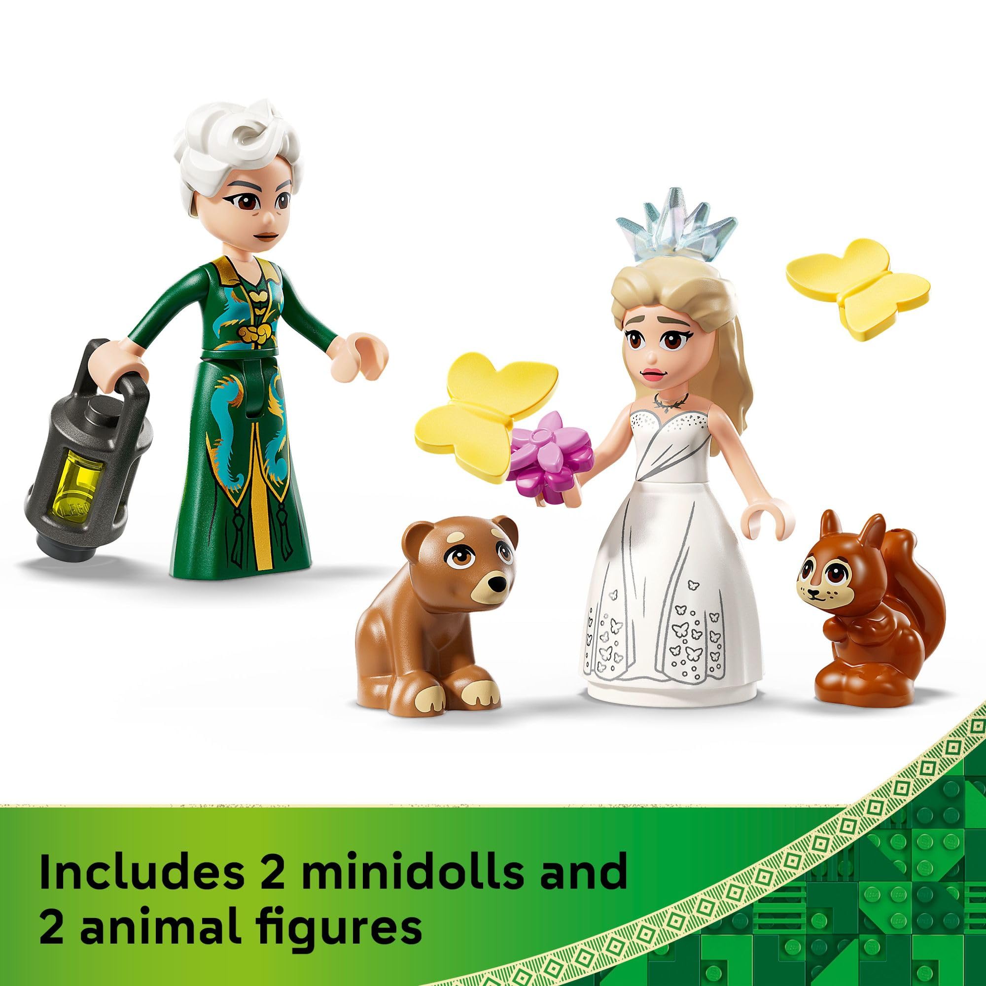LEGO Glinda bouquet and Fiyero figure for expressive play.
