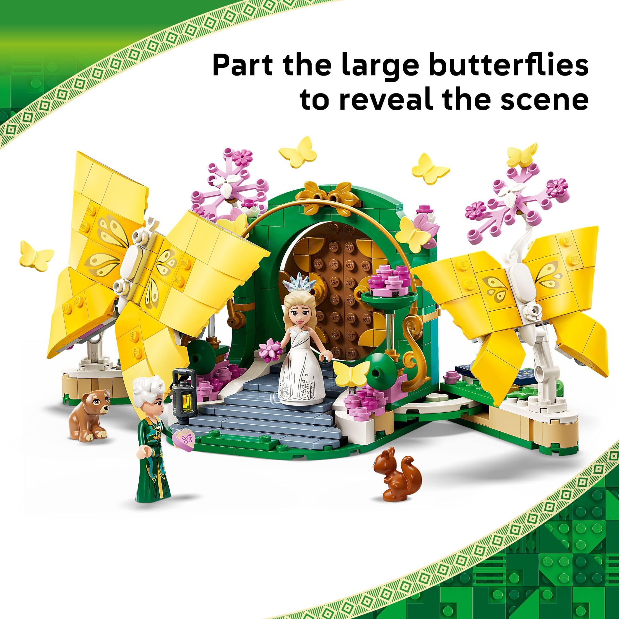 LEGO Wicked Glinda's Wedding Day cake and details for pretend celebrations.