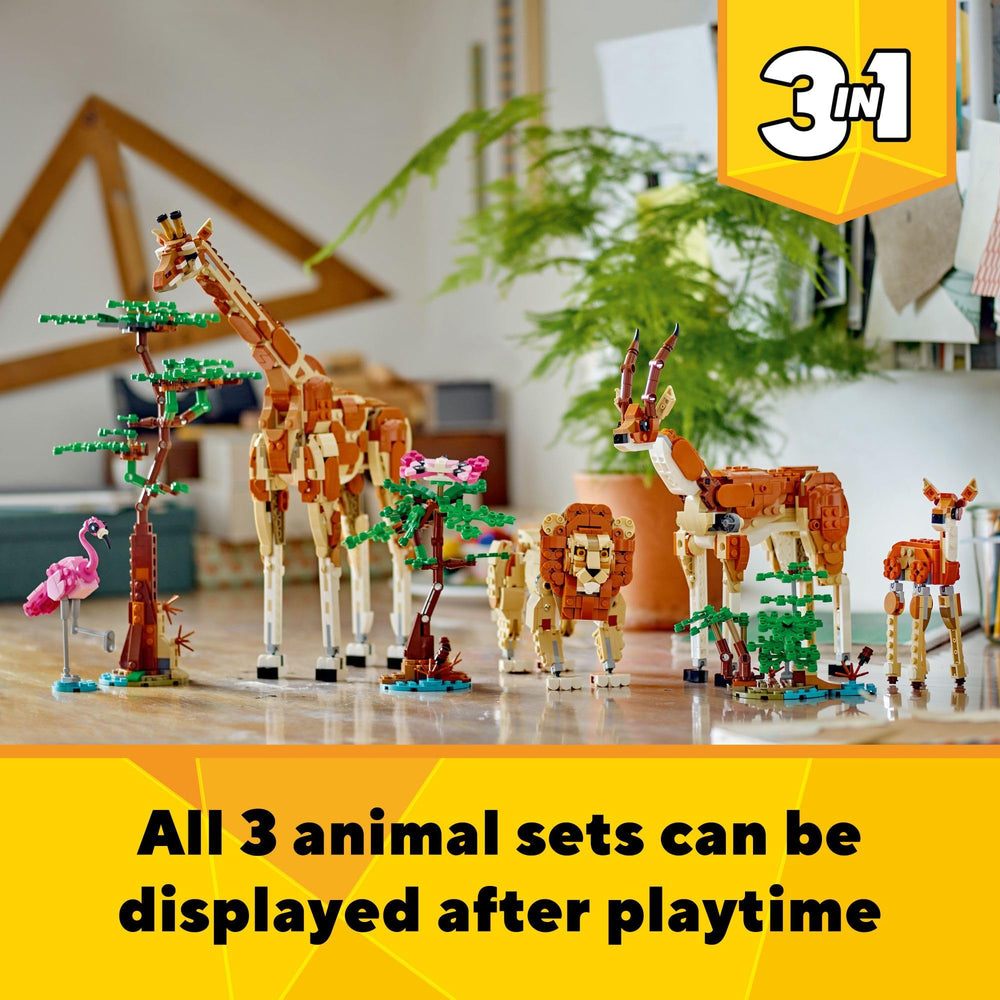 LEGO Creator 3-in-1 Wild Safari Animals: display-ready safari model for shelf