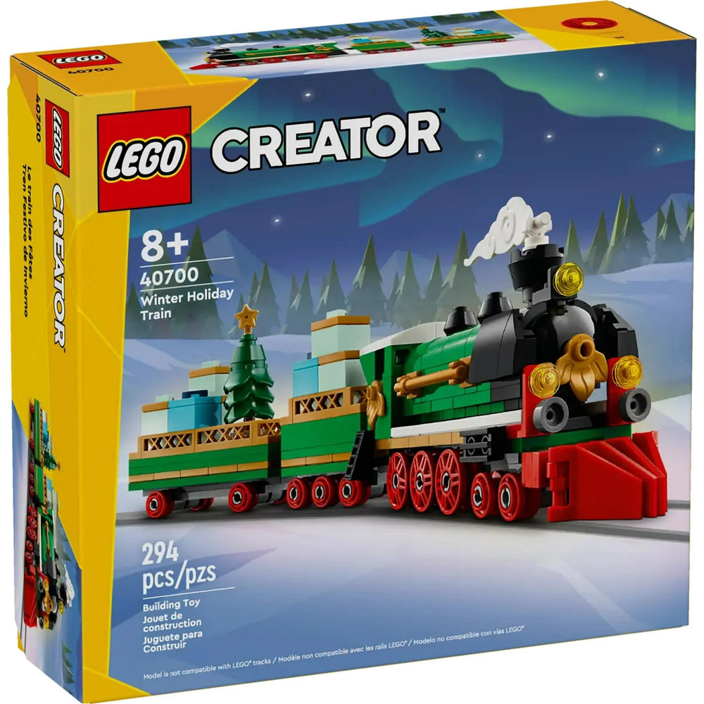 LEGO Winter Holiday Train front view, festive centerpiece for holiday display.