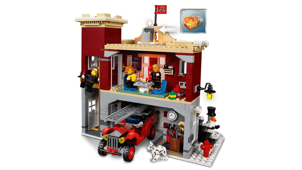 LEGO Creator Expert Winter Village Fire Station exterior detail and holly accents.