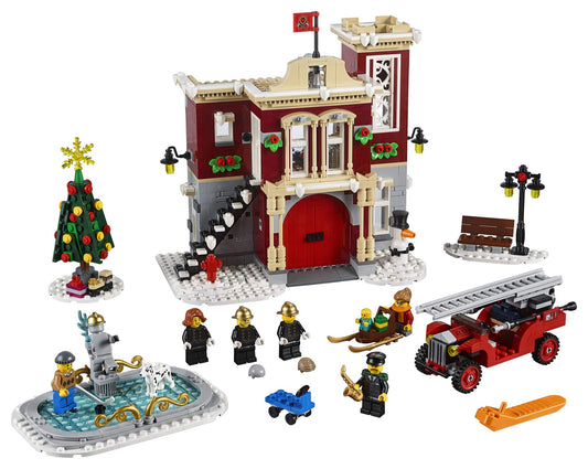LEGO Creator Expert Winter Village Fire Station fire truck with turntable ladder ready for action.