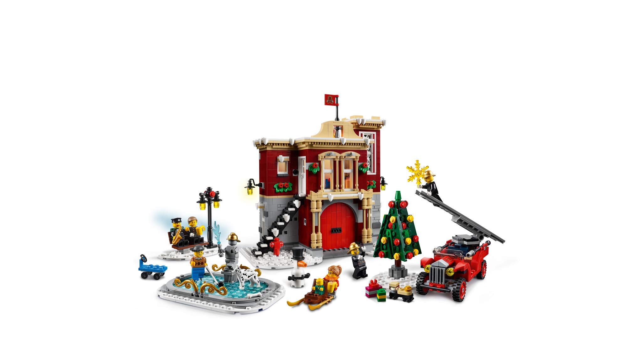 LEGO Creator Expert Winter Village street scene with bench, lamppost and sleigh.