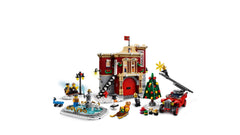 LEGO Creator Expert Winter Village street scene with bench, lamppost and sleigh.