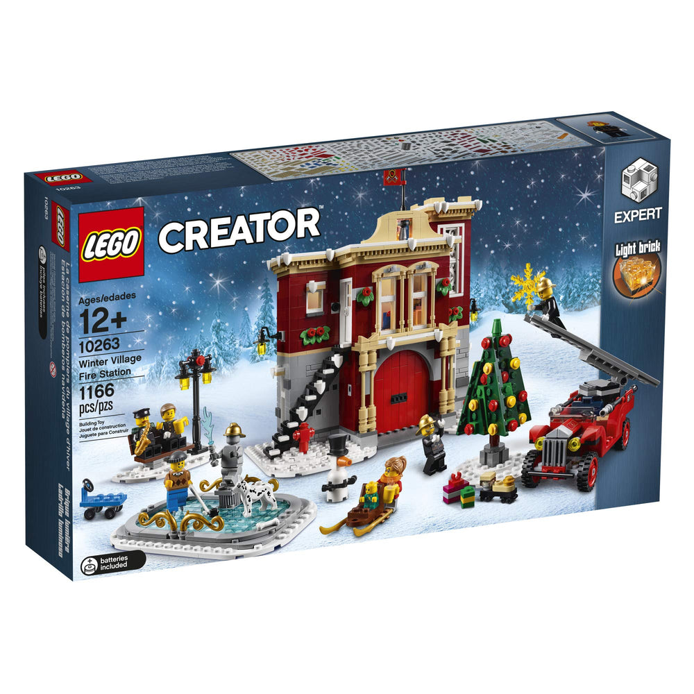 LEGO Creator Expert Winter Village Christmas tree with decorations enhances the village display.