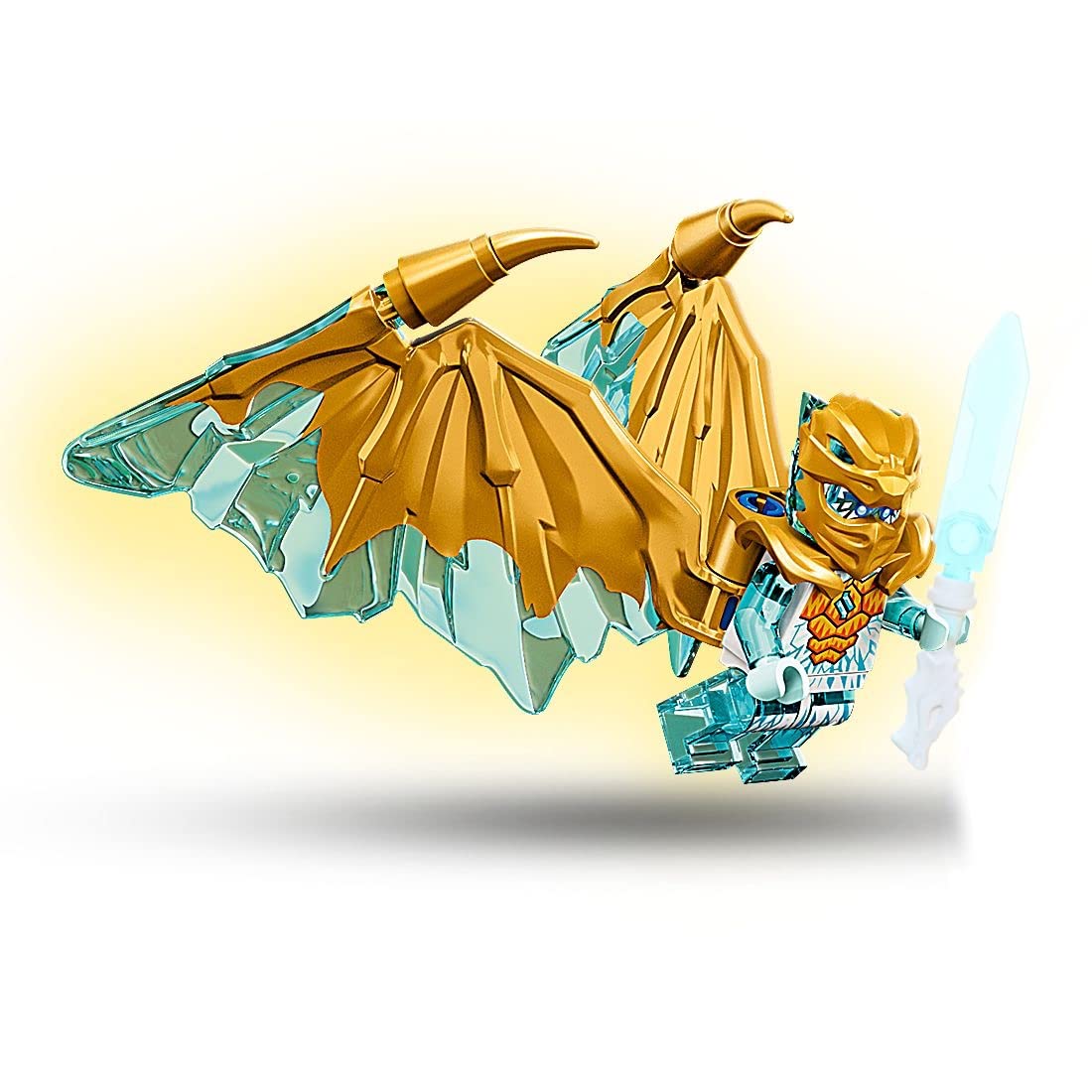 LEGO Zane golden-dragon with translucent blue sword supports action-packed play.