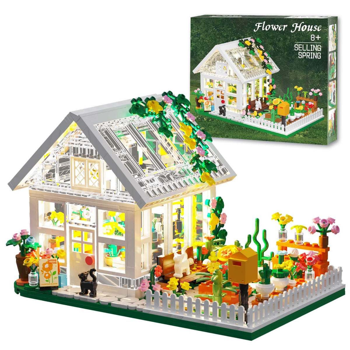 LEGPS YYDS Flower House with LED lights creating a warm night display on a shelf