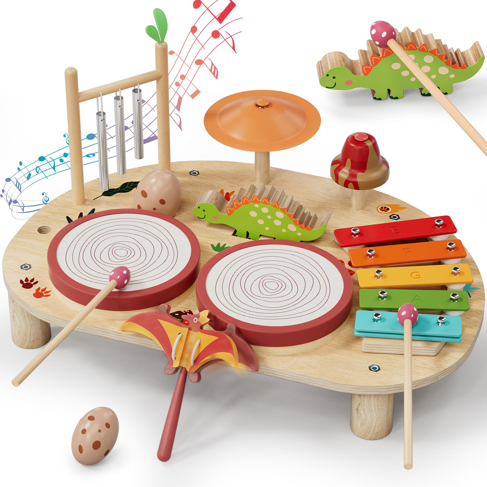 Lehoo Castle baby drum set drum table showcases sturdy wooden construction for tiny hands and early motor skills.