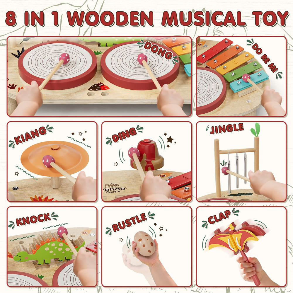Lehoo Castle baby drum set xylophone promotes color recognition and rhythm through bright musical notes.