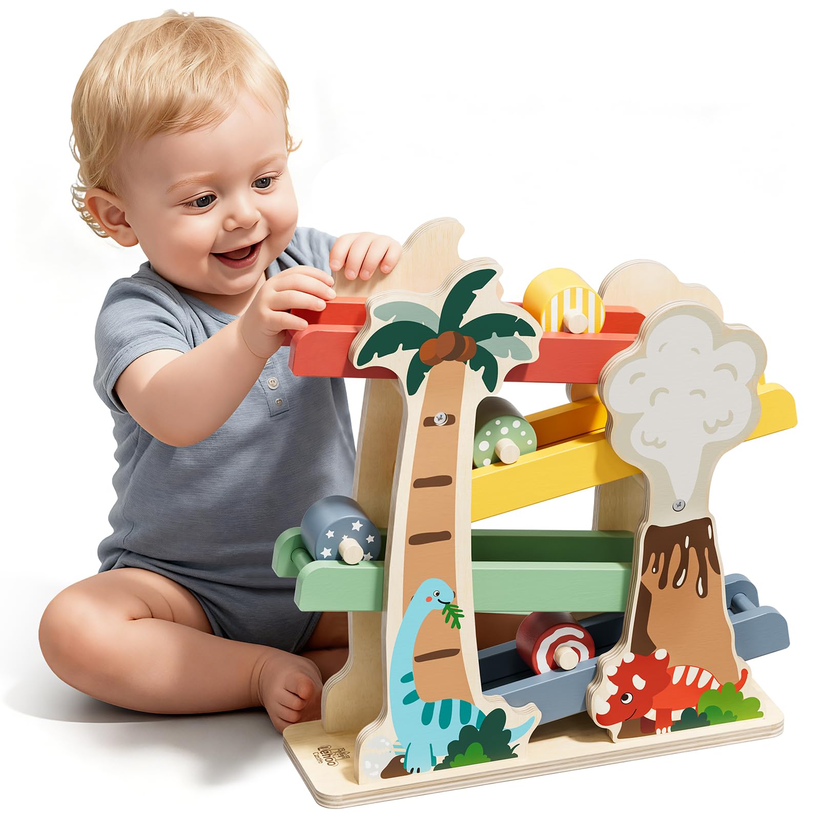 Lehoo Castle dinosaur ramp top view with four rollers promotes motion play.