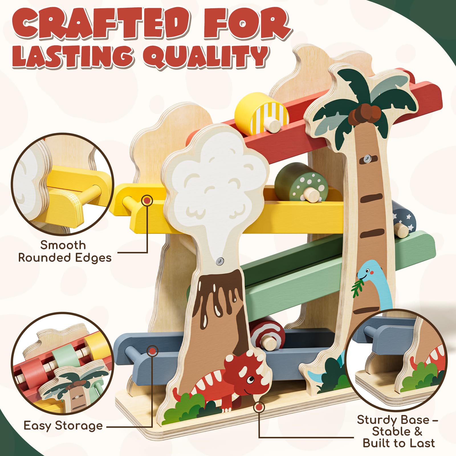 Lehoo Castle wood texture and non-toxic paint emphasize safe natural materials.