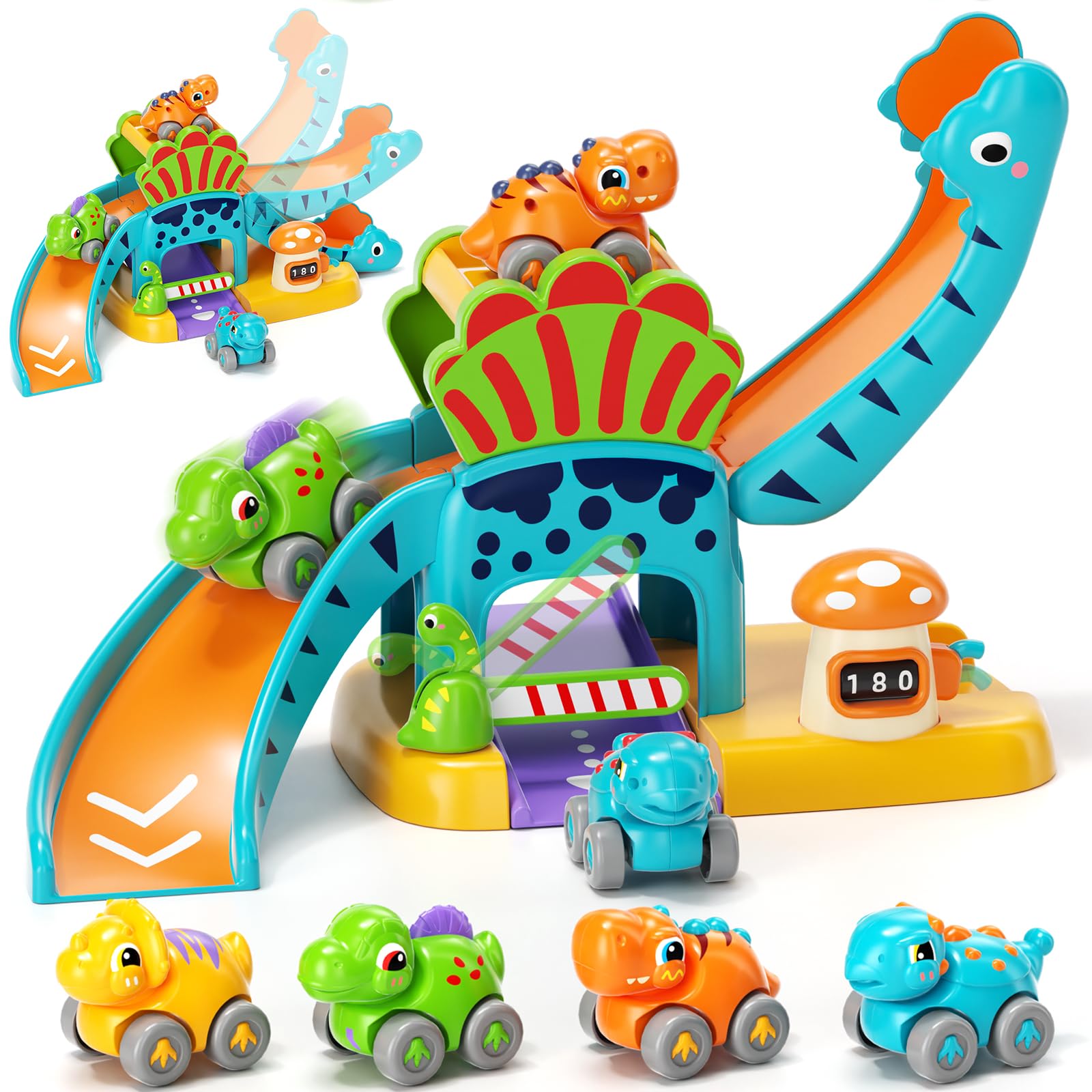 Lehoo Castle dinosaur slide setup engages toddlers in playful exploration