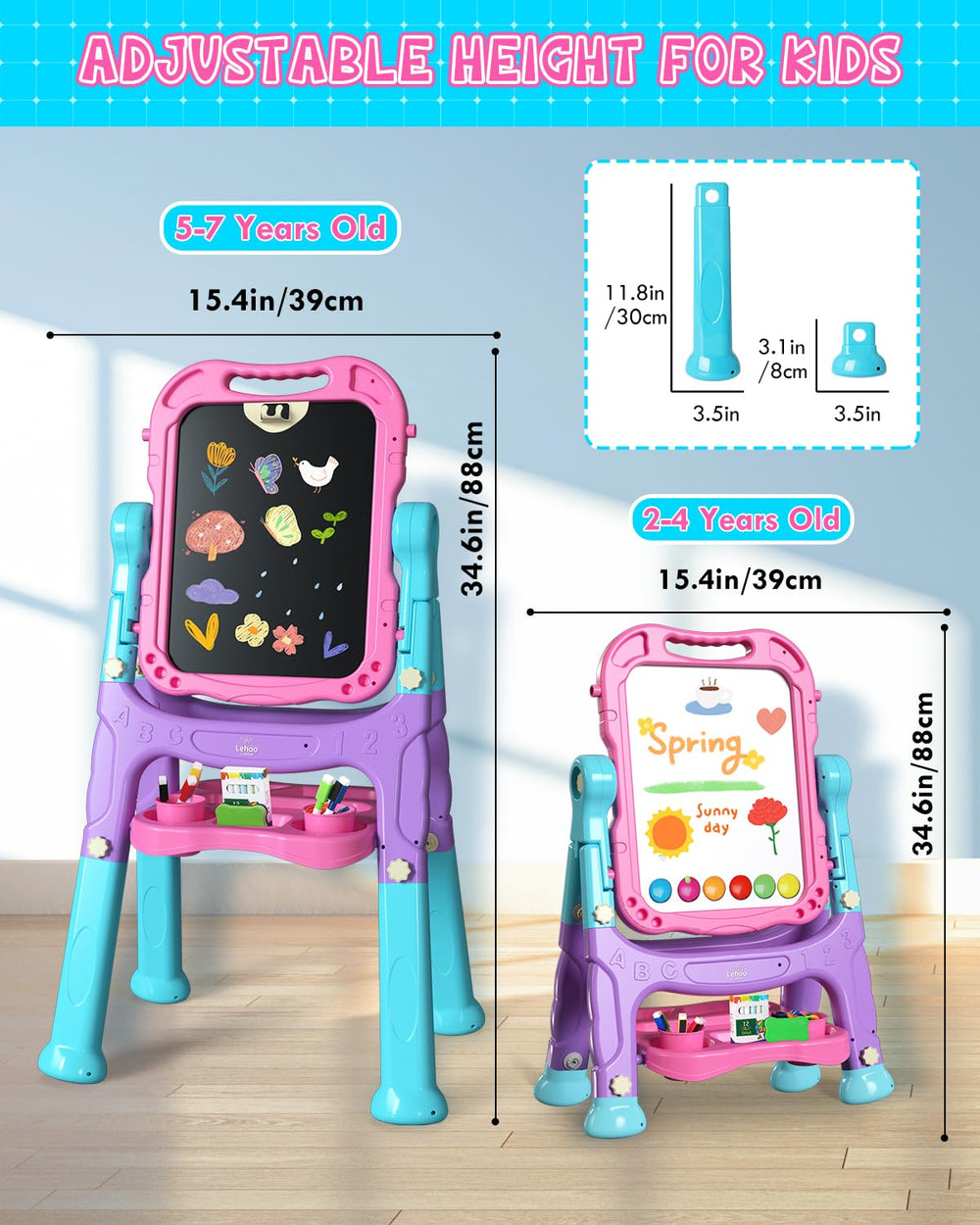 Lehoo Castle easel height-adjustable stand supports growing children.