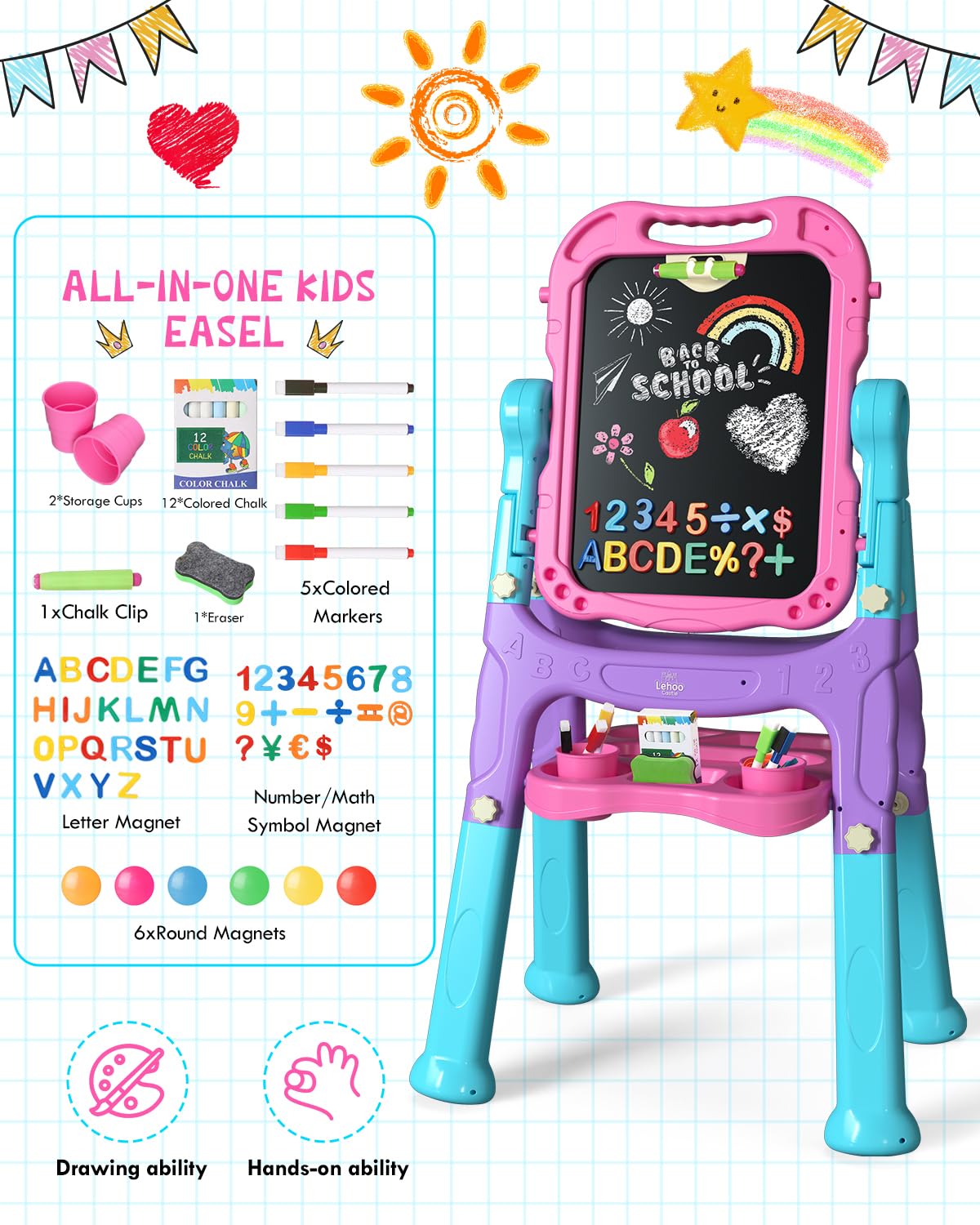 Lehoo Castle easel arrives with magnetic accessories for creative play.