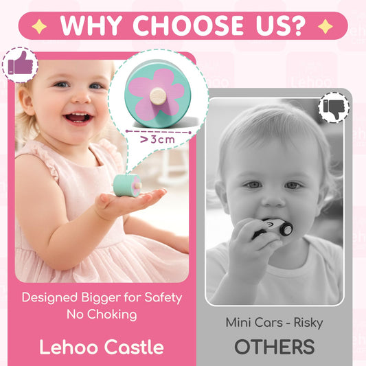 Lehoo Castle unicorn ramp toy showing large wheels for safe, graspable playtime
