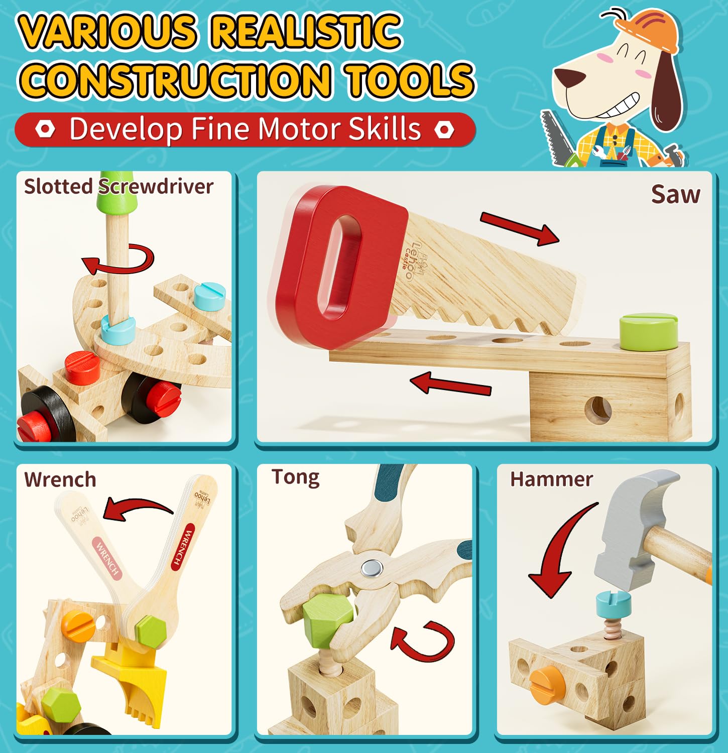 Lehoo Castle hammer toy held by a child highlighting durable wood and safe design