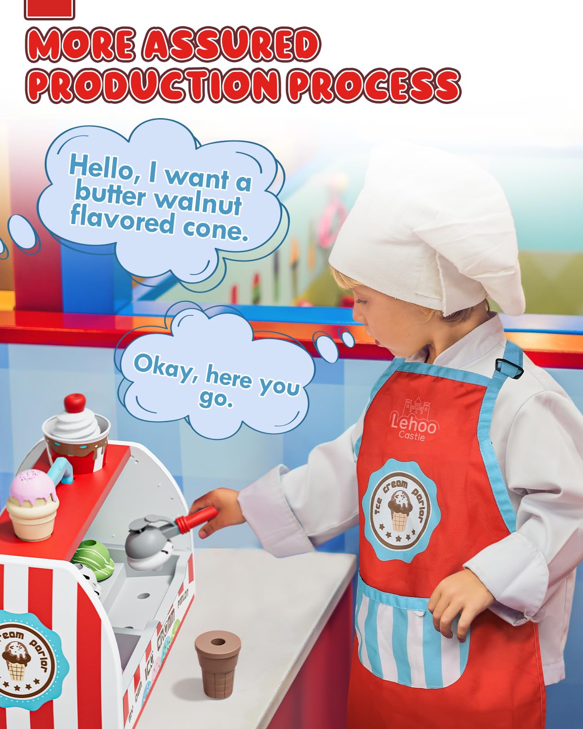 Lehoo Castle ice-cream counter play supports fine motor skills and social play
