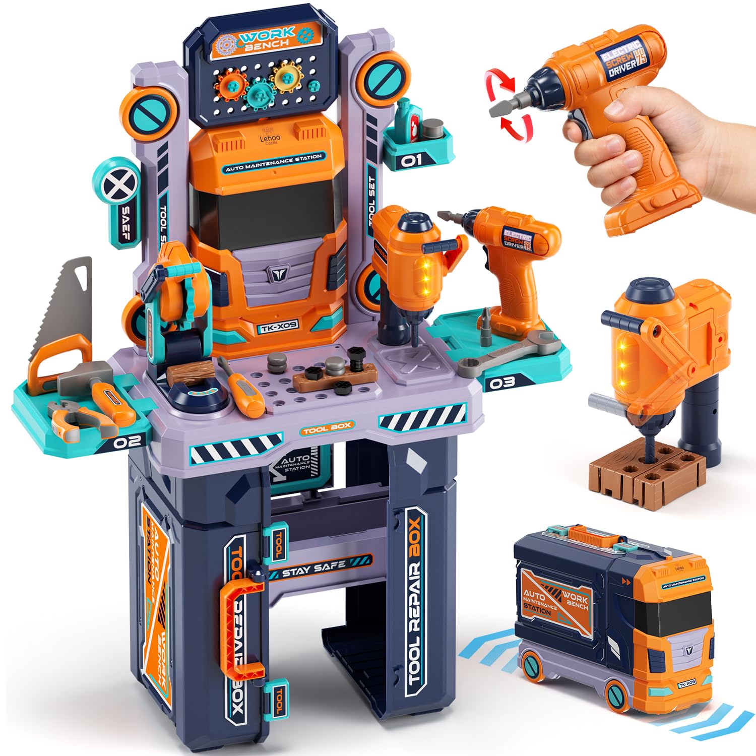 Lehoo Castle Kids Tool Bench front view showing realistic workshop setup for imaginative play.