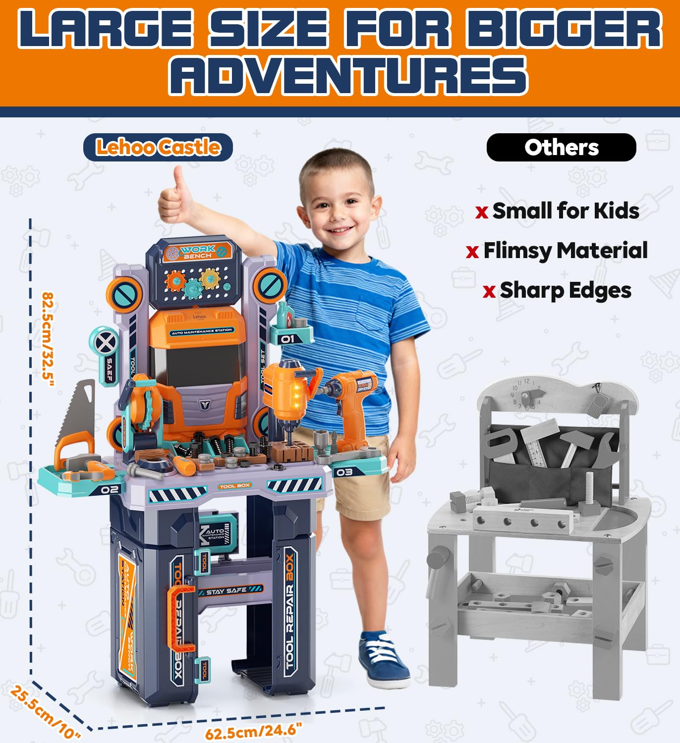 Lehoo Castle tool bench features a truck-inspired design for portable play and storage.
