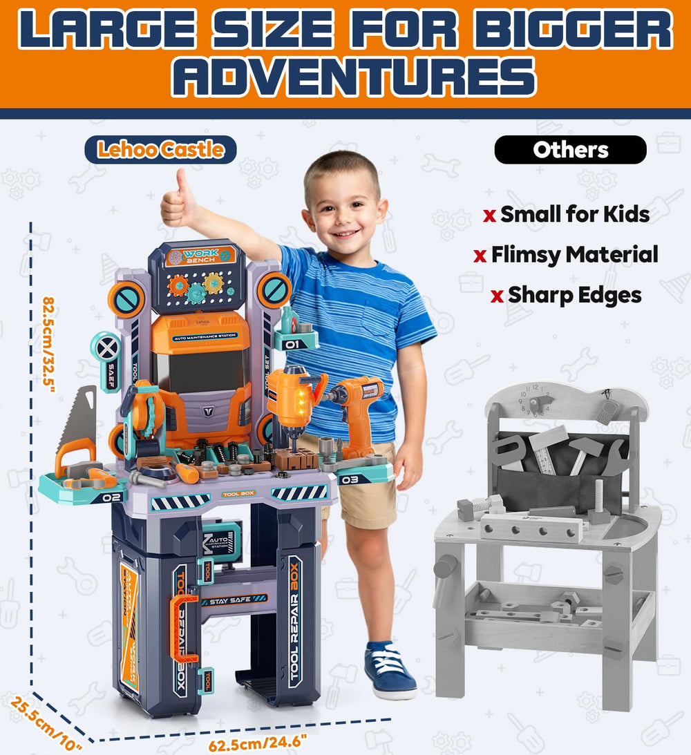 Lehoo Castle tool bench features a truck-inspired design for portable play and storage.
