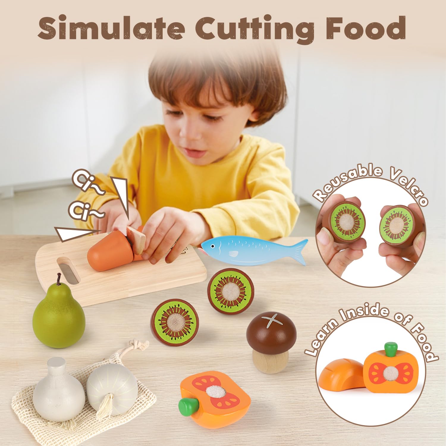 Lehoo Castle kiwi and avocado wooden toys promote realistic cutting practice and color recognition.