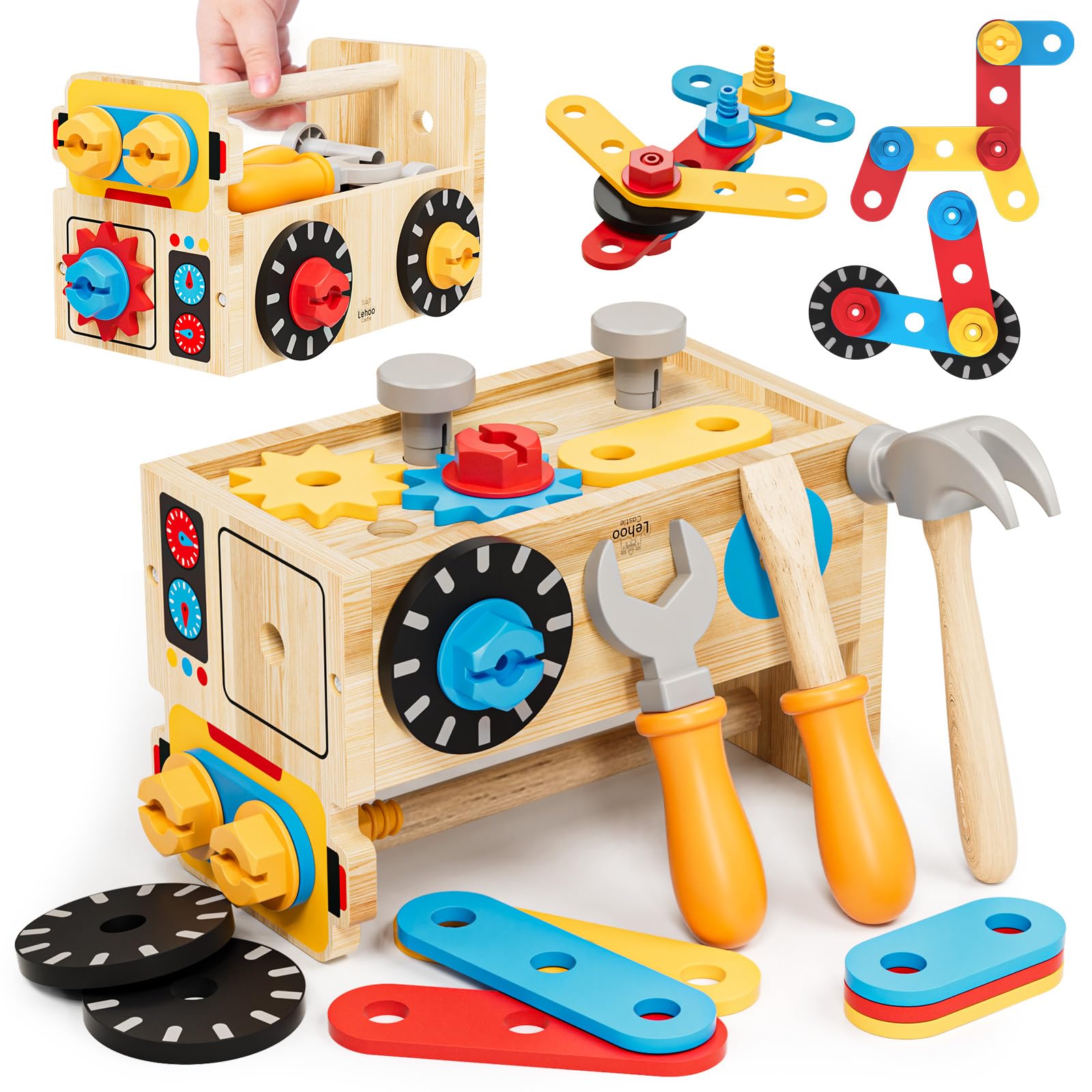 Lehoo Castle Montessori tool box with handle shown for portable pretend play and organization.
