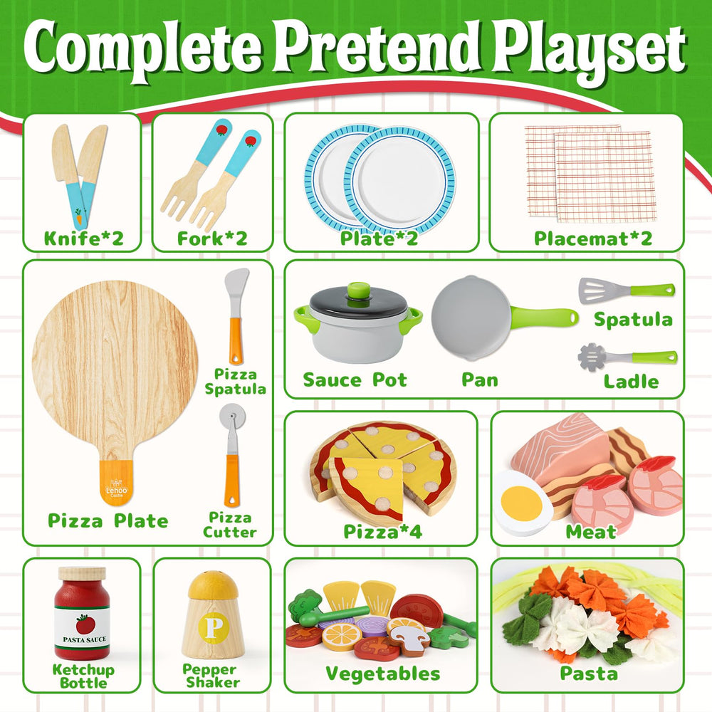 Lehoo Castle pretend cutting food set supports imaginative cooking scenarios for kids.