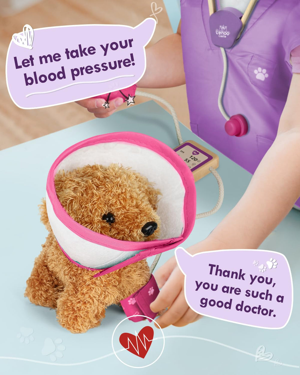 Lehoo Castle stethoscope and BP monitor enhance realistic check-up scenes.