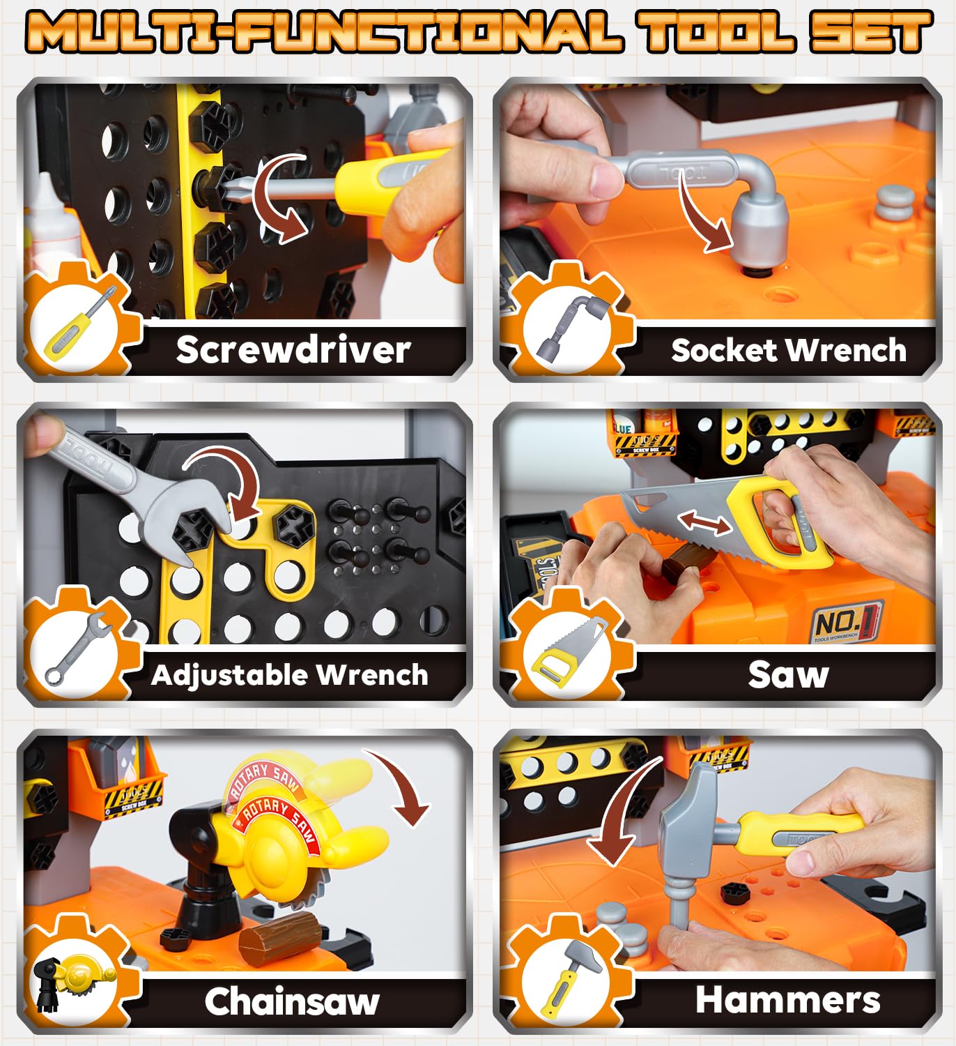 Lehoo Castle tool set with hammer, saws, and wrenches supports fine motor skills