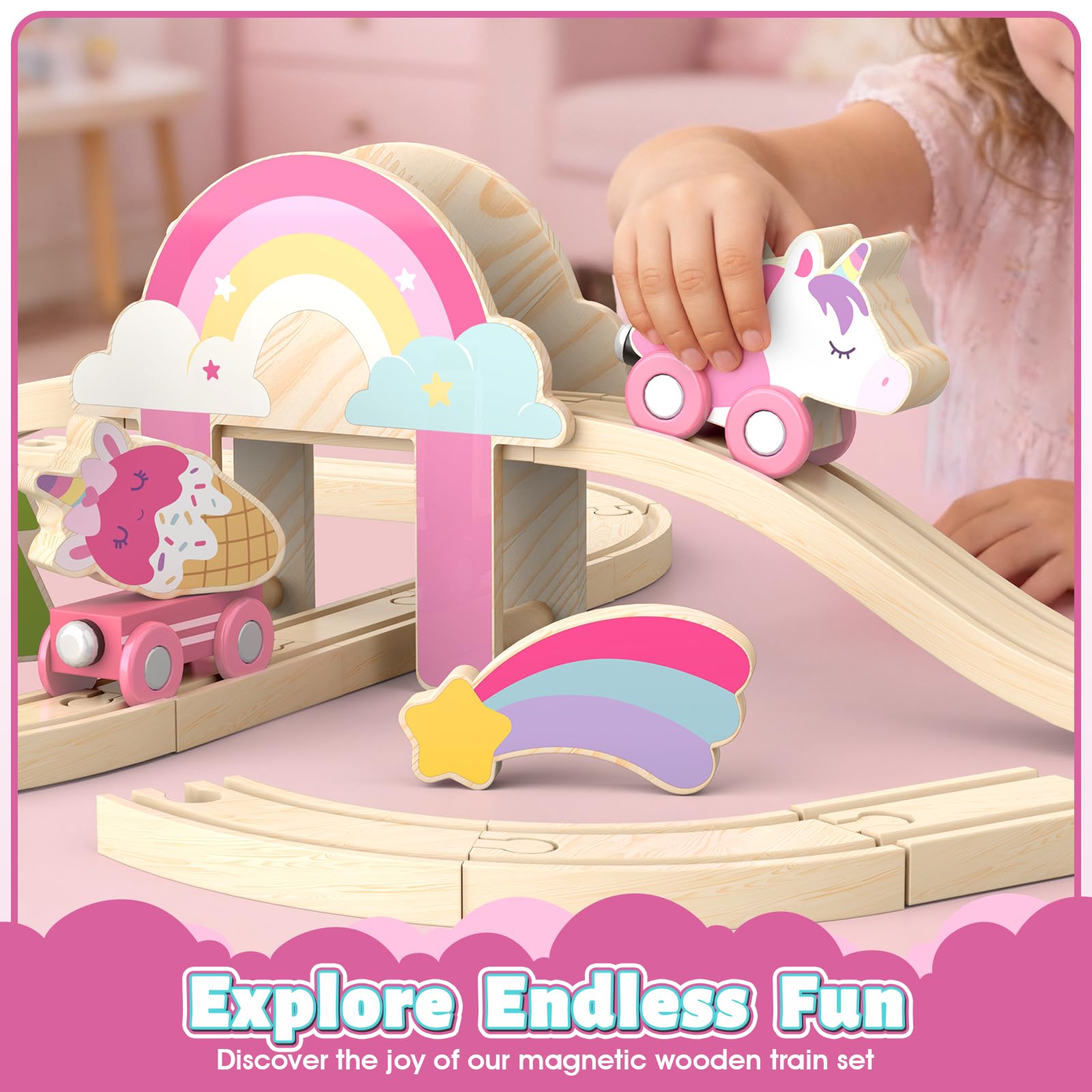 Lehoo Castle unicorn train carriage in pink, ideal for storytelling adventures