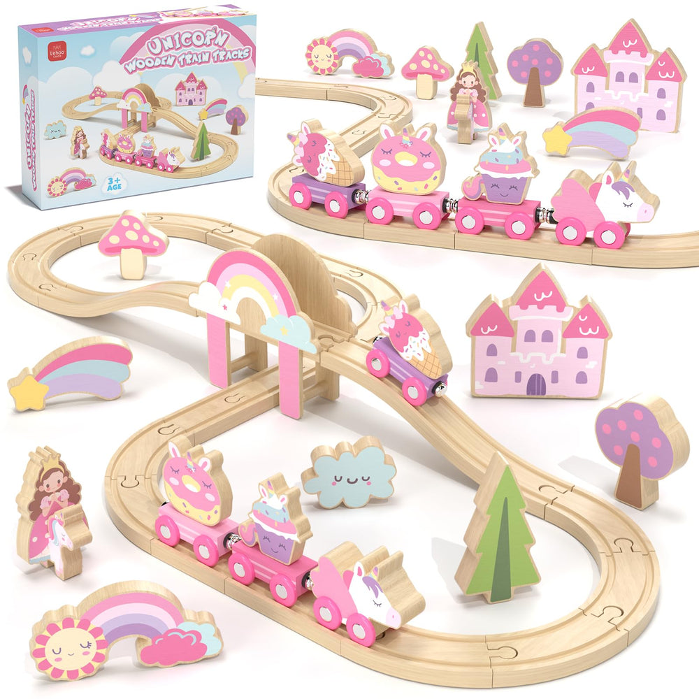 Lehoo Castle unicorn train engine in pink for imaginative toddler play