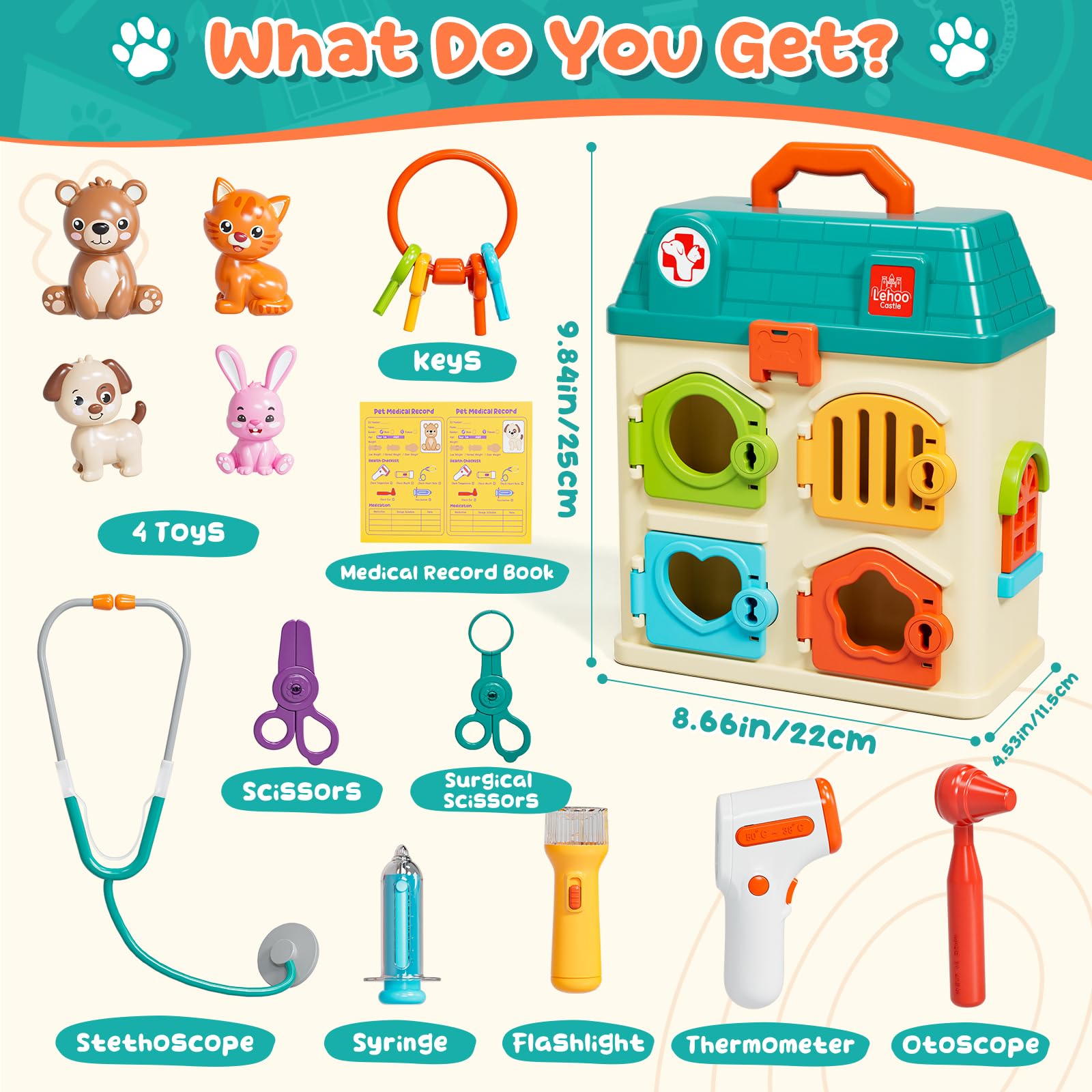 Lehoo Castle Vet Playset includes mini animal figures for pretend grooming