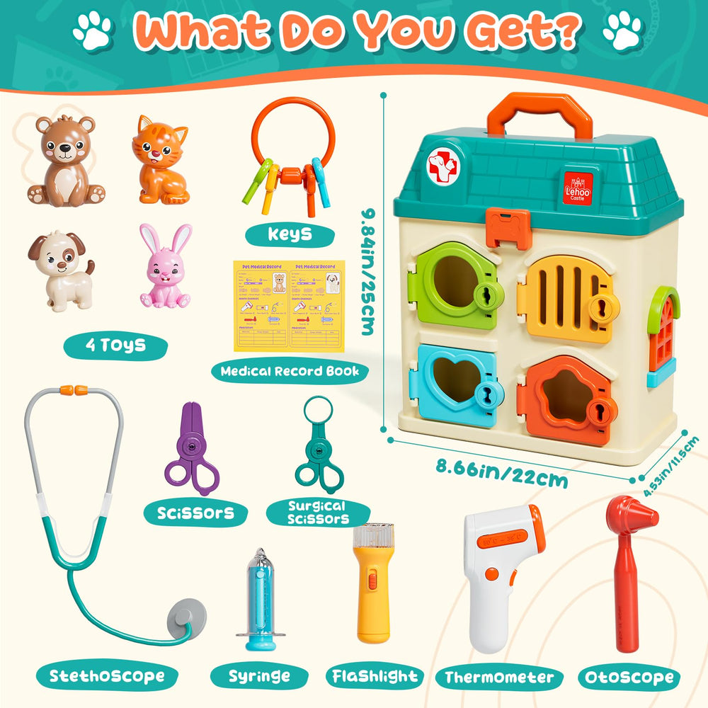 Lehoo Castle Vet Playset includes mini animal figures for pretend grooming