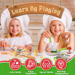 Lehoo Castle wooden dishes and kitchen accessories enhance pretend meals.