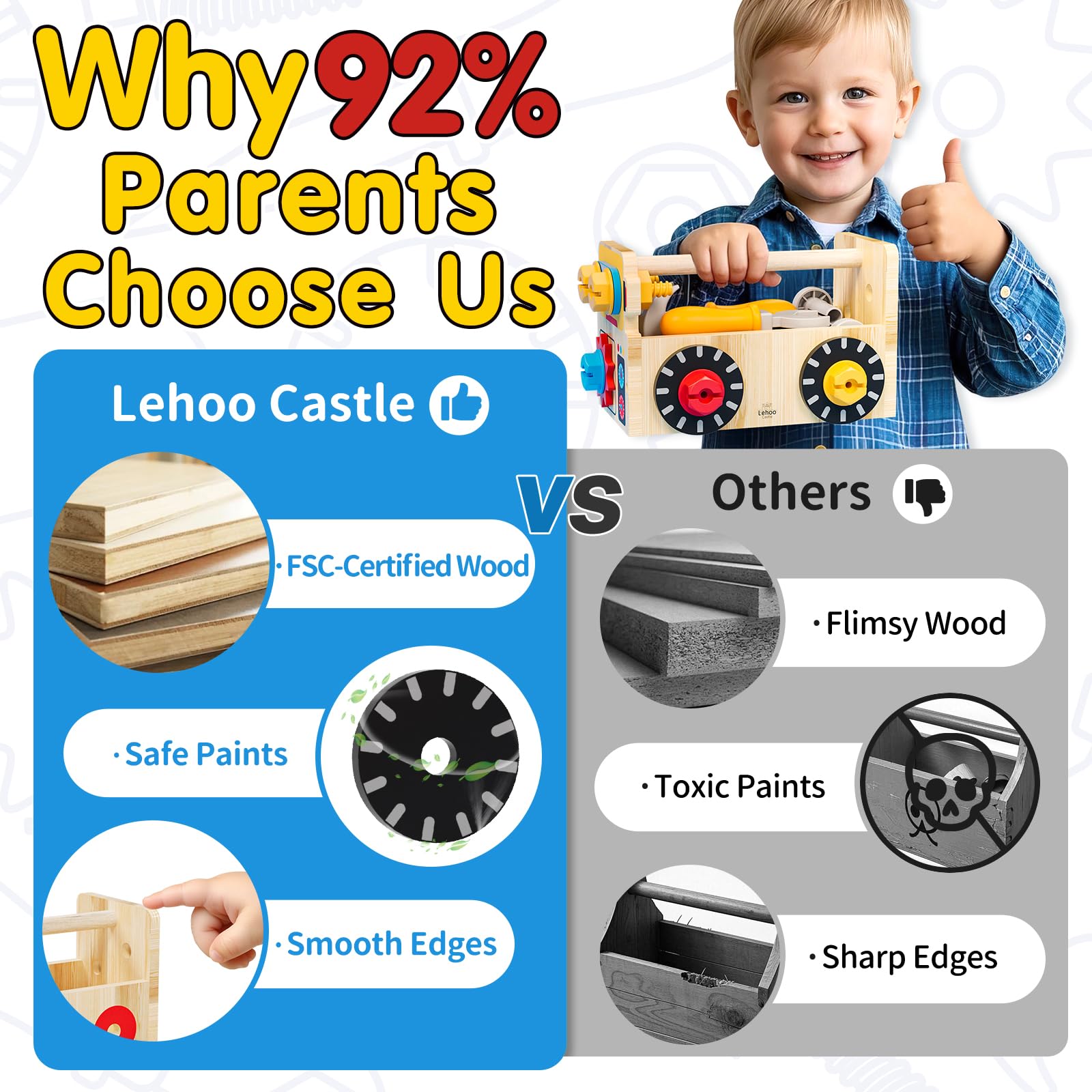 Lehoo Castle wooden gears enabling rotational play and problem solving.