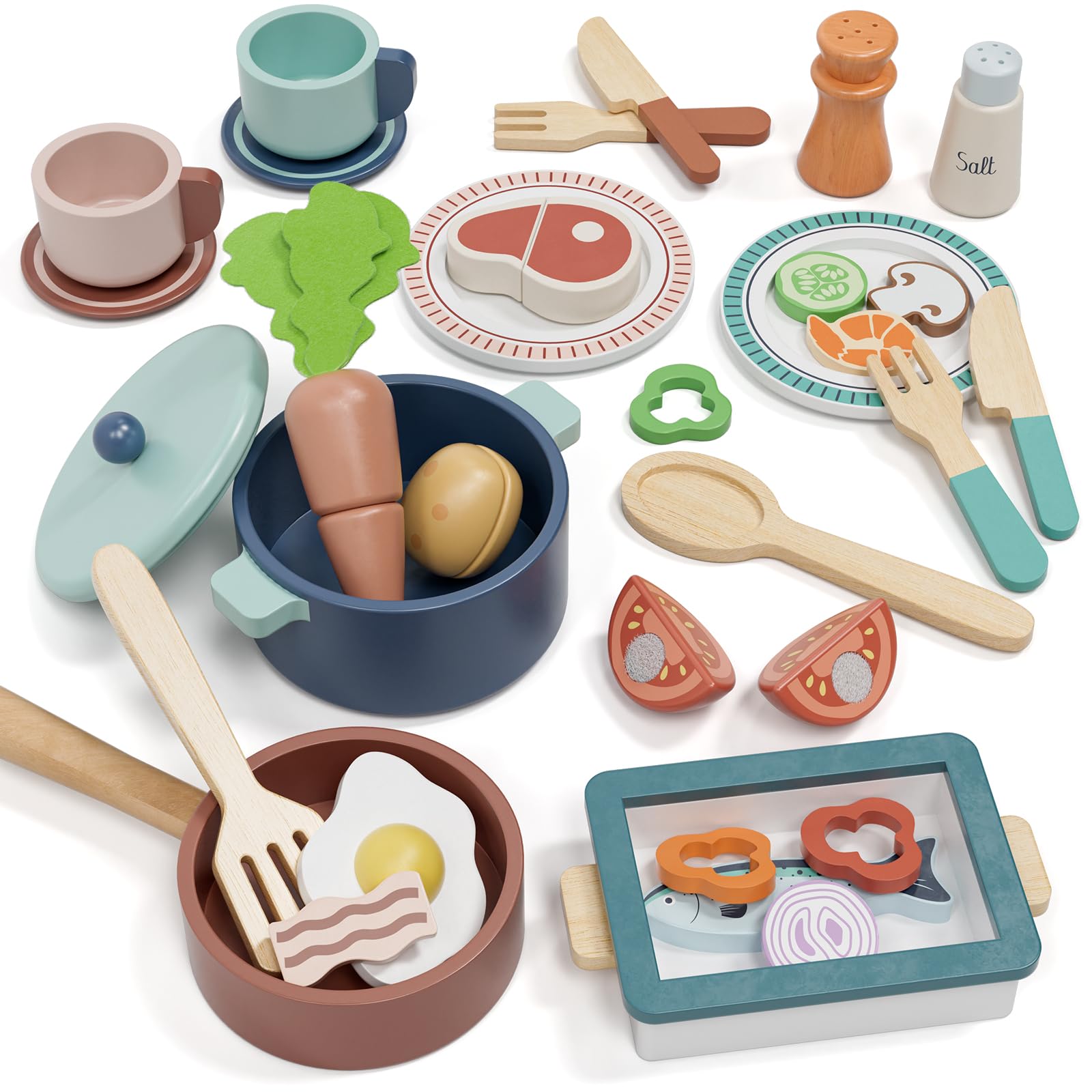 Lehoo Castle wooden play kitchen pots and pans set for imaginative pretend play