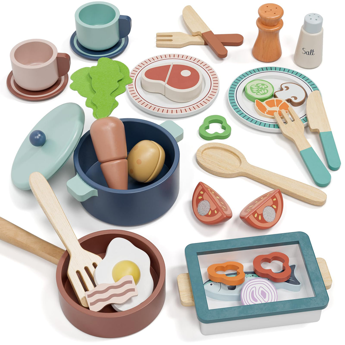 Lehoo Castle wooden play kitchen pots and pans set for imaginative pretend play