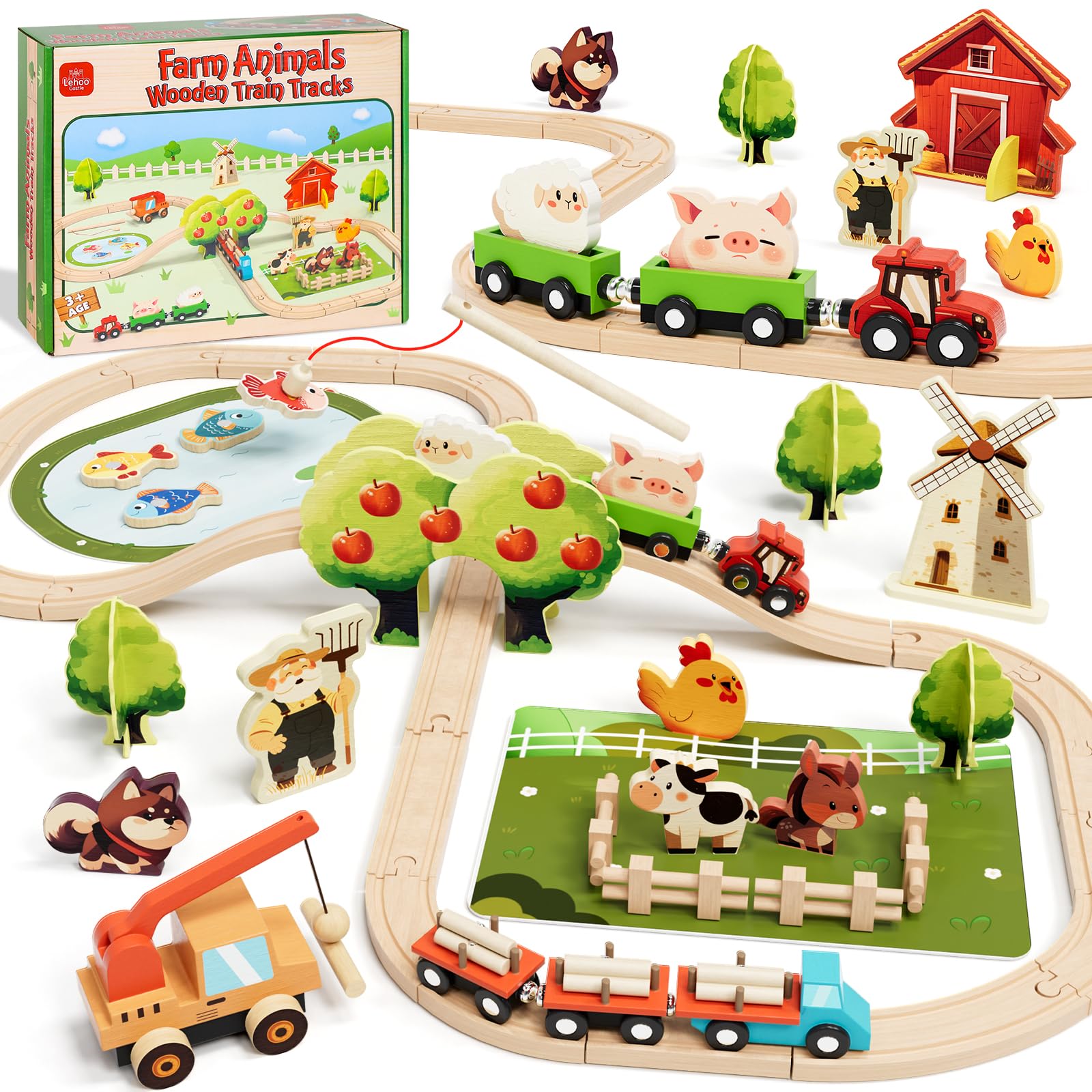 Lehoo Castle wooden train set assembly and track for imaginative play.