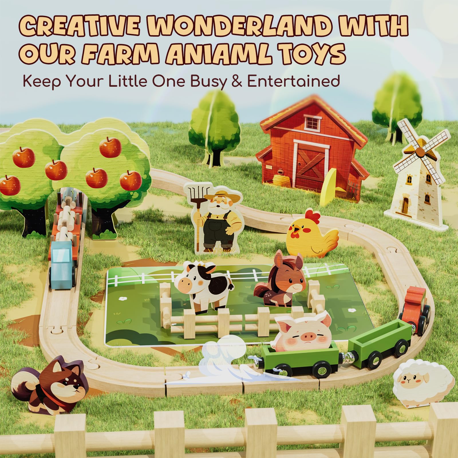 Lehoo Castle wooden train set child playing supports creativity and coordination.