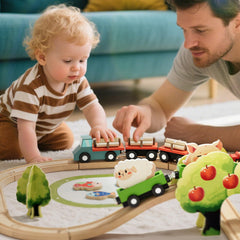 Lehoo Castle wooden train set with farm animals for storytelling adventures.
