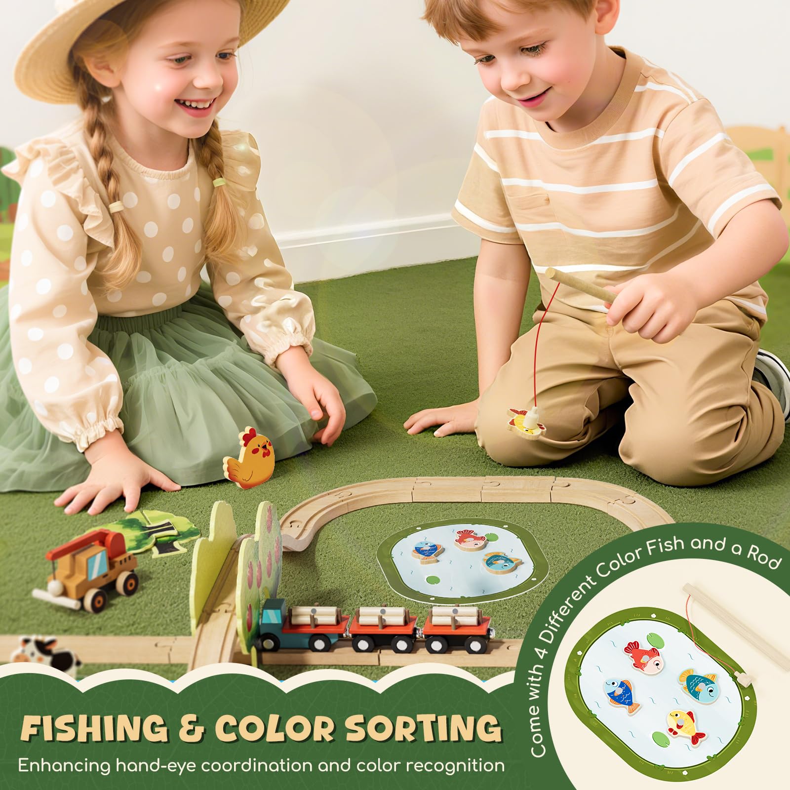 Lehoo Castle wooden train set track pieces close-up for durability.