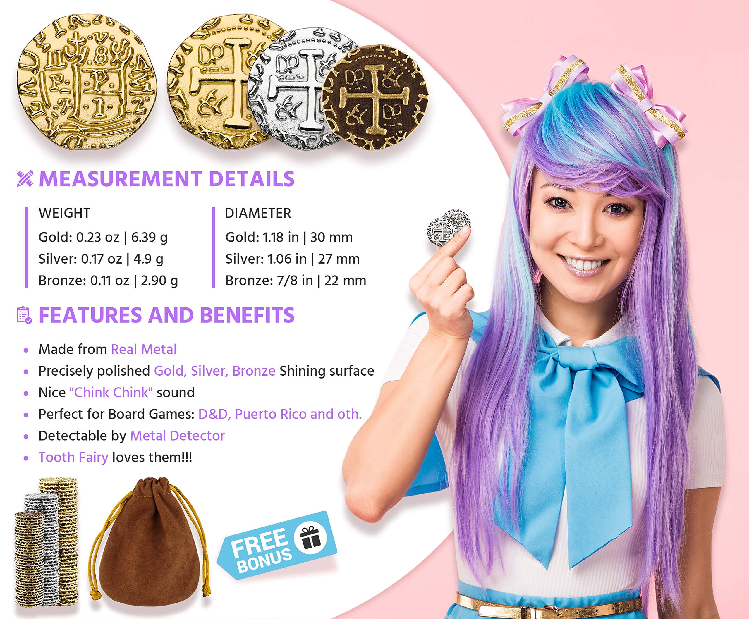 Leib Games bronze-silver-gold coins in pouch ready for party decor.