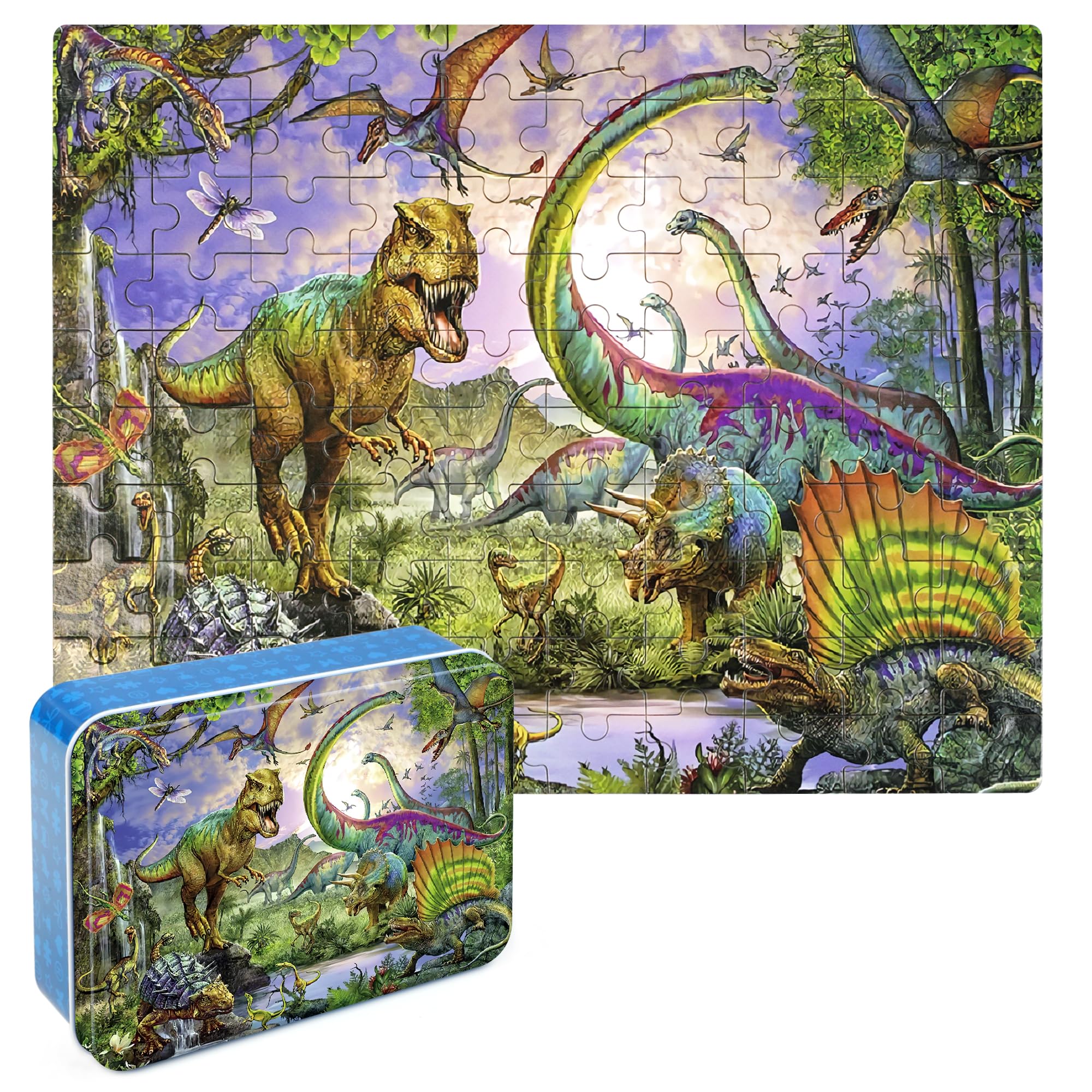 LELEMON dinosaur 100-piece puzzle in a metal box, ready for quick storage.