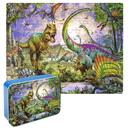 LELEMON dinosaur 100-piece puzzle in a metal box, ready for quick storage.