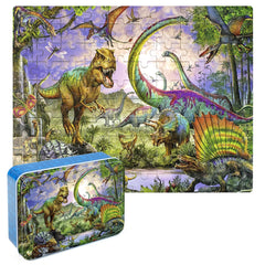 LELEMON dinosaur 100-piece puzzle in a metal box, ready for quick storage.