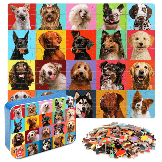 LELEMON dog puzzle 100-piece in metal box boosts early problem-solving.