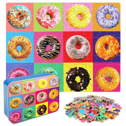 LELEMON donut 100-piece puzzle in a metal box for organized, portable play