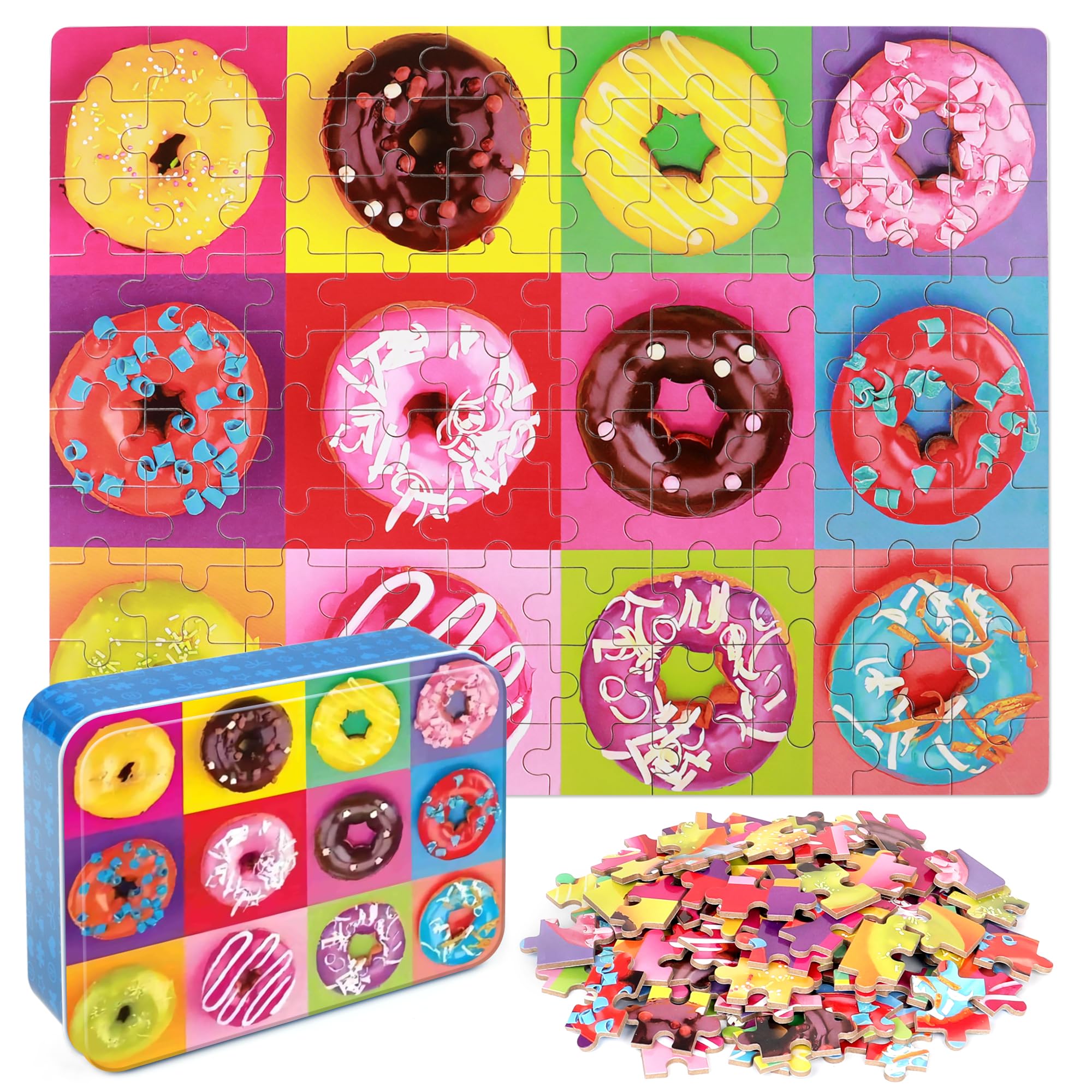 LELEMON donut puzzle with colorful pieces in a metal box for easy storage