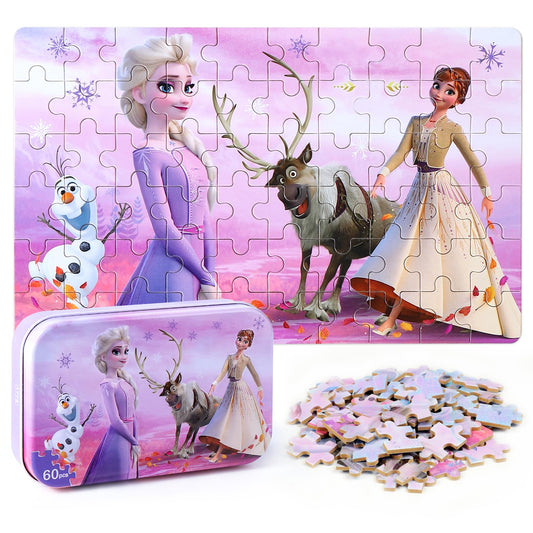 LELEMON snowmen 60-piece puzzle in metal box for mess-free storage and portability.